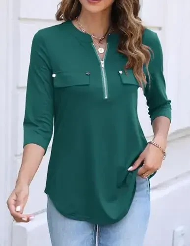 Halife Women's 3/4 Length Sleeve V Neck Flowy Tunic Blouses Work Tops Shirts with Zippers - 2