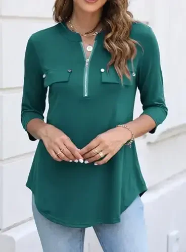 Halife Women's 3/4 Length Sleeve V Neck Flowy Tunic Blouses Work Tops Shirts with Zippers - 3