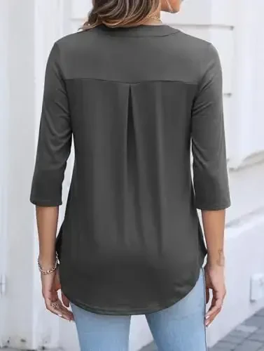 Halife Women's 3/4 Length Sleeve V Neck Flowy Tunic Blouses Work Tops Shirts with Zippers - 3