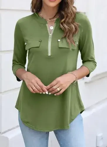 Halife Women's 3/4 Length Sleeve V Neck Flowy Tunic Blouses Work Tops Shirts with Zippers - 3