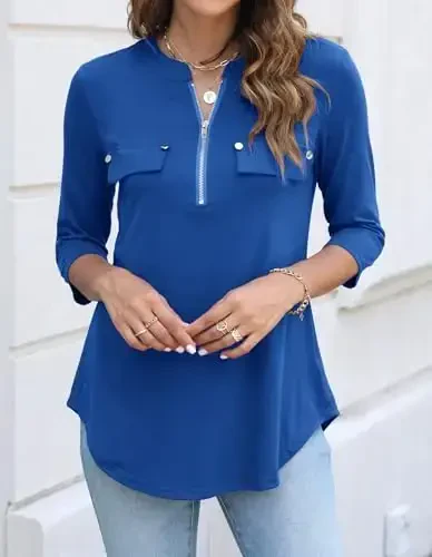 Halife Women's 3/4 Length Sleeve V Neck Flowy Tunic Blouses Work Tops Shirts with Zippers - 3
