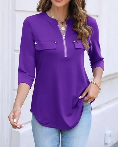 Halife Women's 3/4 Length Sleeve V Neck Flowy Tunic Blouses Work Tops Shirts with Zippers - HALIFE (1)