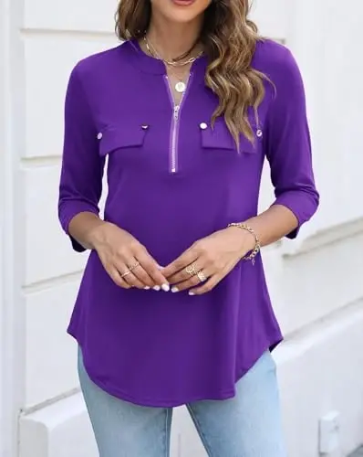 Halife Women's 3/4 Length Sleeve V Neck Flowy Tunic Blouses Work Tops Shirts with Zippers - 3