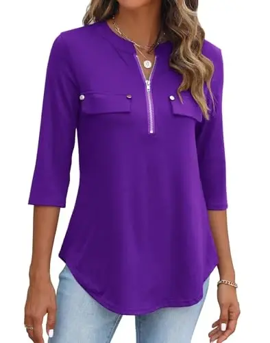 Halife Women's 3/4 Length Sleeve V Neck Flowy Tunic Blouses Work Tops Shirts with Zippers - HALIFE