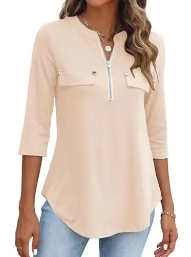 Halife Women's 3/4 Length Sleeve V Neck Zip Flowy Dressy Casual Tops Blouse - 1