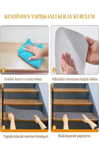 Halıflex Kendinden Yapışkanlı Merdiven Basamak Halısı (1 Adet) Füme Rip Halı Keçe Kaymaz Halı - Gri - 4