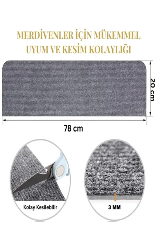 Halıflex Kendinden Yapışkanlı Merdiven Basamak Halısı (1 Adet) Füme Rip Halı Keçe Kaymaz Halı - Gri - 6