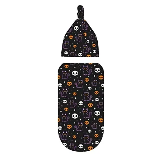 Halloween Bat Cat Baby Stuff Swaddle Blankets Baby Wrap Baby Newborn Receiving Blanket Soft Sleep Sacks Stretchy with Hat Set Gift for Infant Boy Girl Baby Shower Swaddle me 0-3 Month （1-9） - 1