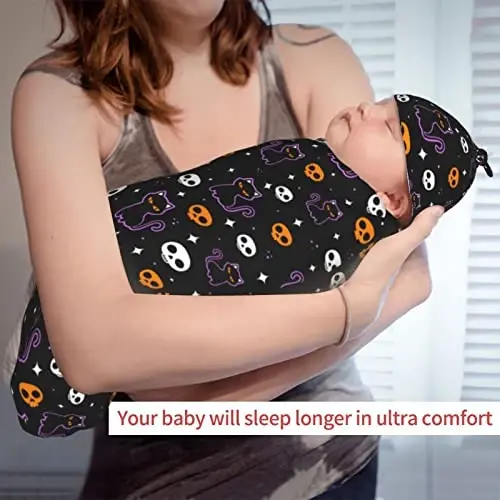 Halloween Bat Cat Baby Stuff Swaddle Blankets Baby Wrap Baby Newborn Receiving Blanket Soft Sleep Sacks Stretchy with Hat Set Gift for Infant Boy Girl Baby Shower Swaddle me 0-3 Month （1-9） - 4