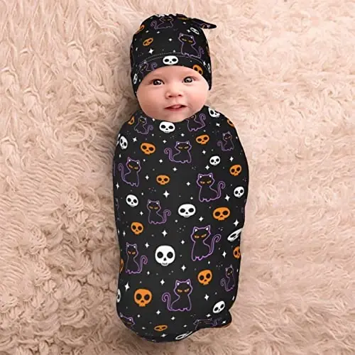 Halloween Bat Cat Baby Stuff Swaddle Blankets Baby Wrap Baby Newborn Receiving Blanket Soft Sleep Sacks Stretchy with Hat Set Gift for Infant Boy Girl Baby Shower Swaddle me 0-3 Month （1-9） - 7