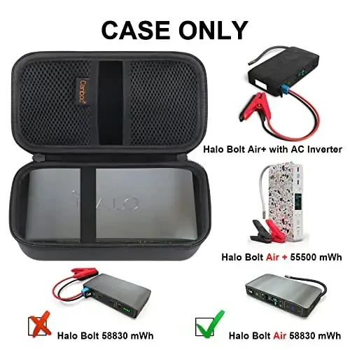 Halo Bolt Air 58830 mWh/Halo Bolt Air+ 55500/HALO Bolt Air+ 1750 Portable Car Battery Jump Starter uchun Canboc qattiq qop, Mesh Bag Jump kabellari, AC rozetkasi, zaryadlovchi moslamasi, qora - 2