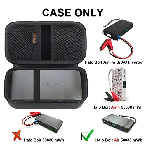 Canboc Hard Carrying Case for Halo Bolt Air 58830 mWh/Halo Bolt Air+ 55500/HALO Bolt Air+ 1750 Portable Car Battery Jump Starter, Mesh Bag fit Jump Cables, AC Outlet, Charger, Black - 2