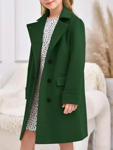 Haloumoning Girls Double Breasted Trench Coat Kids Notch Lapel Long Peacoat with Pockets 5-14 Years - 3