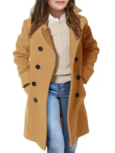 Haloumoning Girls Double Breasted Trench Coat Kids Notch Lapel Long Peacoat with Pockets 5-14 Years - 1
