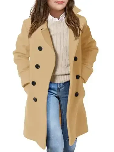 Haloumoning Girls Double Breasted Trench Coat Kids Notch Lapel Long Peacoat with Pockets 5-14 Years - 1