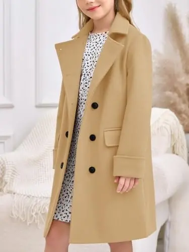 Haloumoning Girls Double Breasted Trench Coat Kids Notch Lapel Long Peacoat with Pockets 5-14 Years - 3