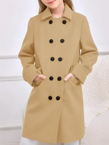 Haloumoning Girls Double Breasted Trench Coat Kids Notch Lapel Long Peacoat with Pockets 5-14 Years - 4