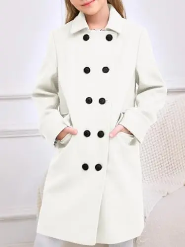 Haloumoning Girls Double Breasted Trench Coat Kids Notch Lapel Long Peacoat with Pockets 5-14 Years - 4