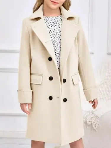 Haloumoning Girls Double Breasted Trench Coat Kids Notch Lapel Long Peacoat with Pockets 5-14 Years - MODAZONE (1)