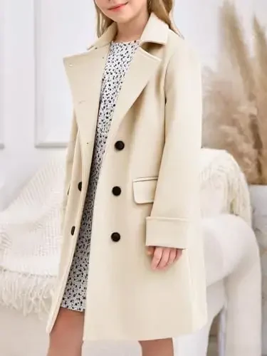 Haloumoning Girls Double Breasted Trench Coat Kids Notch Lapel Long Peacoat with Pockets 5-14 Years - 3