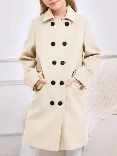 Haloumoning Girls Double Breasted Trench Coat Kids Notch Lapel Long Peacoat with Pockets 5-14 Years - 4