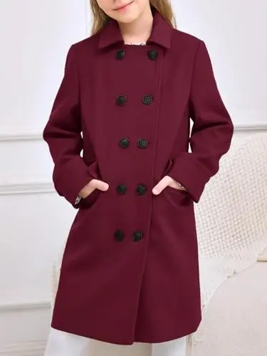 Haloumoning Girls Double Breasted Trench Coat Kids Notch Lapel Long Peacoat with Pockets 5-14 Years - 4