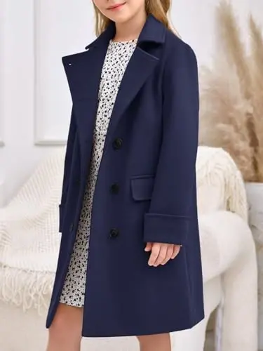 Haloumoning Girls Double Breasted Trench Coat Kids Notch Lapel Long Peacoat with Pockets 5-14 Years - 3