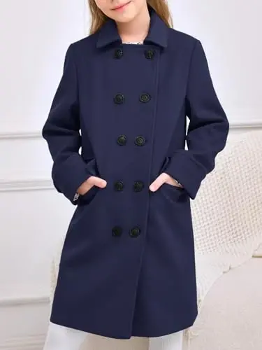 Haloumoning Girls Double Breasted Trench Coat Kids Notch Lapel Long Peacoat with Pockets 5-14 Years - 4