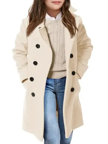 Haloumoning Girls Double Breasted Trench Coat Kids Notch Lapel Long Peacoat with Pockets 5-14 Years - 1