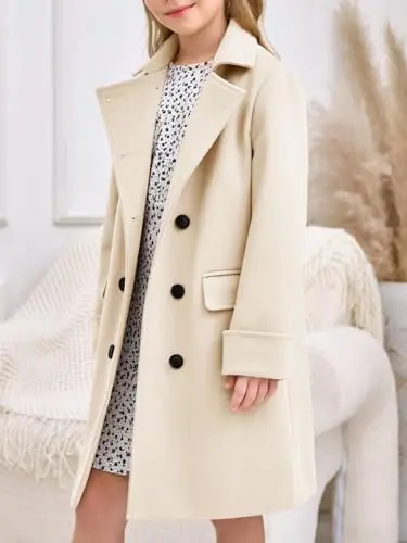 Haloumoning Girls Double Breasted Trench Coat Notch Lapel Long Peacoat | Functional Pockets,Kids,Dress coat,,Winter Coats,Long Coat,Outwear - 3