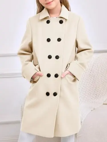 Haloumoning Girls Double Breasted Trench Coat Notch Lapel Long Peacoat | Functional Pockets,Kids,Dress coat,,Winter Coats,Long Coat,Outwear - 4