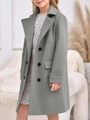 Haloumoning Girls Double Breasted Trench Coat Notch Lapel Long Peacoat | Functional Pockets,Kids,Dress coat,,Winter Coats,Long Coat,Outwear - 3