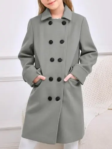 Haloumoning Girls Double Breasted Trench Coat Notch Lapel Long Peacoat | Functional Pockets,Kids,Dress coat,,Winter Coats,Long Coat,Outwear - 4
