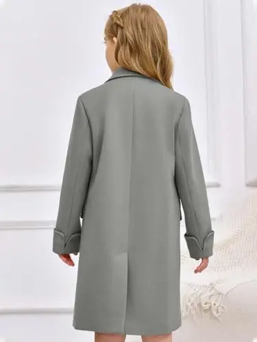 Haloumoning Girls Double Breasted Trench Coat Notch Lapel Long Peacoat | Functional Pockets,Kids,Dress coat,,Winter Coats,Long Coat,Outwear - 5
