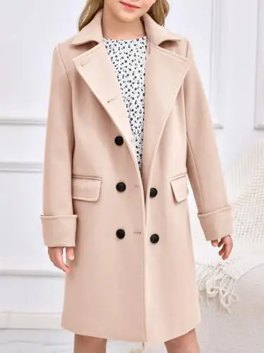 Haloumoning Girls Double Breasted Trench Coat Notch Lapel Long Peacoat | Functional Pockets,Kids,Dress coat,,Winter Coats,Long Coat,Outwear - HALOUMONING (1)