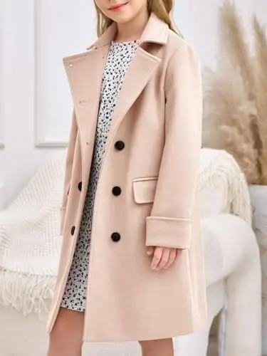 Haloumoning Girls Double Breasted Trench Coat Notch Lapel Long Peacoat | Functional Pockets,Kids,Dress coat,,Winter Coats,Long Coat,Outwear - 3
