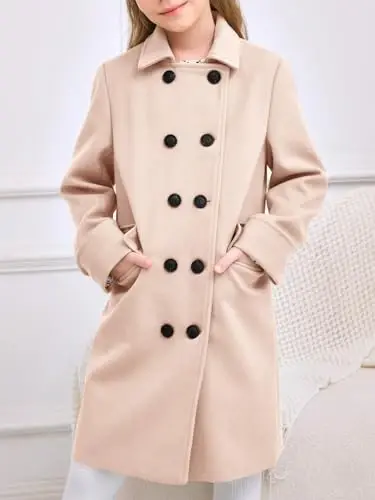 Haloumoning Girls Double Breasted Trench Coat Notch Lapel Long Peacoat | Functional Pockets,Kids,Dress coat,,Winter Coats,Long Coat,Outwear - 4