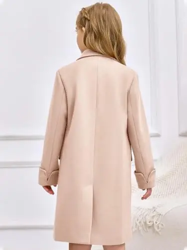Haloumoning Girls Double Breasted Trench Coat Notch Lapel Long Peacoat | Functional Pockets,Kids,Dress coat,,Winter Coats,Long Coat,Outwear - 5