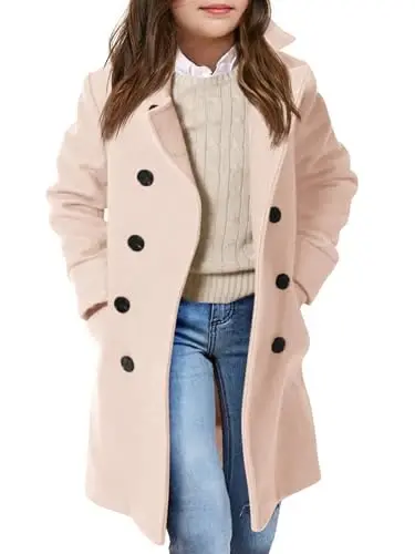 Haloumoning Girls Double Breasted Trench Coat Notch Lapel Long Peacoat | Functional Pockets,Kids,Dress coat,,Winter Coats,Long Coat,Outwear - HALOUMONING
