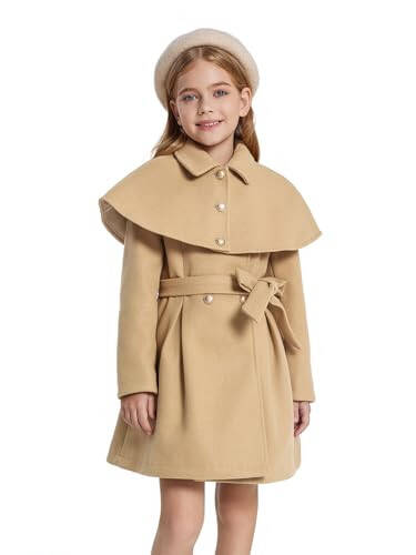 Haloumoning Girls Faux Fur Dress Coat Kids Winter Princess Warm Long Jackets with Belt and Removable Cape 5-14 Years - 1