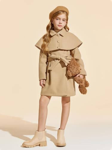 Haloumoning Girls Faux Fur Dress Coat Kids Winter Princess Warm Long Jackets with Belt and Removable Cape 5-14 Years - 2