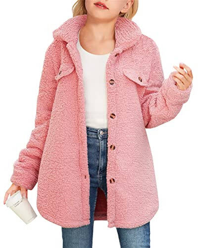 Haloumoning Girls Fuzzy Fleece Jacket Casual Button Down Sherpa Overcoat Faux Fur Jackets Outwear 4-15 Years - 1