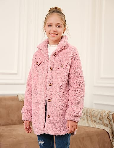 Haloumoning Girls Fuzzy Fleece Jacket Casual Button Down Sherpa Overcoat Faux Fur Jackets Outwear 4-15 Years - 3