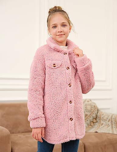 Haloumoning Girls Fuzzy Fleece Jacket Casual Button Down Sherpa Overcoat Faux Fur Jackets Outwear 4-15 Years - 4