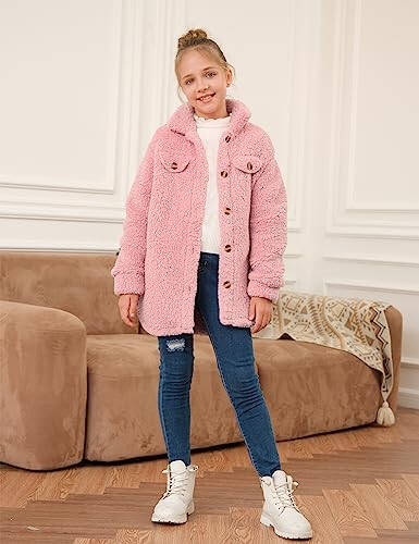 Haloumoning Girls Fuzzy Fleece Jacket Casual Button Down Sherpa Overcoat Faux Fur Jackets Outwear 4-15 Years - 5