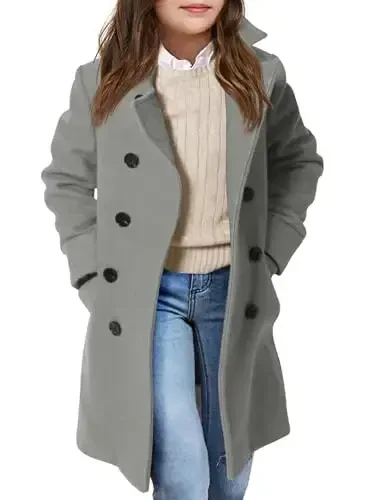 Haloumoning Girls Double Breasted Trench Coat Kids Notch Lapel Long Peacoat with Pockets 5-14 Years - 1