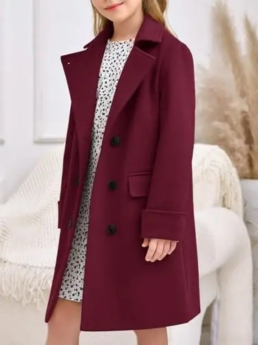 Haloumoning Girls Double Breasted Trench Coat Kids Notch Lapel Long Peacoat with Pockets 5-14 Years - 3
