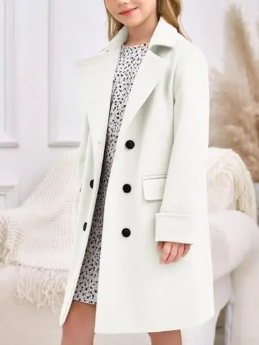 Haloumoning Girls Double Breasted Trench Coat Kids Notch Lapel Long Peacoat with Pockets 5-14 Years - 3