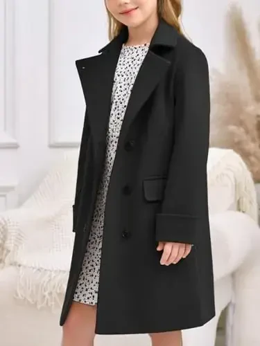 Haloumoning Girls ikki qatorli trench palto, bolalar uchun yoqali uzun po'stin, cho'ntaklari bilan 5-14 yosh - 3