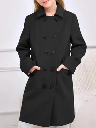 Haloumoning Girls ikki qatorli trench palto, bolalar uchun yoqali uzun po'stin, cho'ntaklari bilan 5-14 yosh - 4